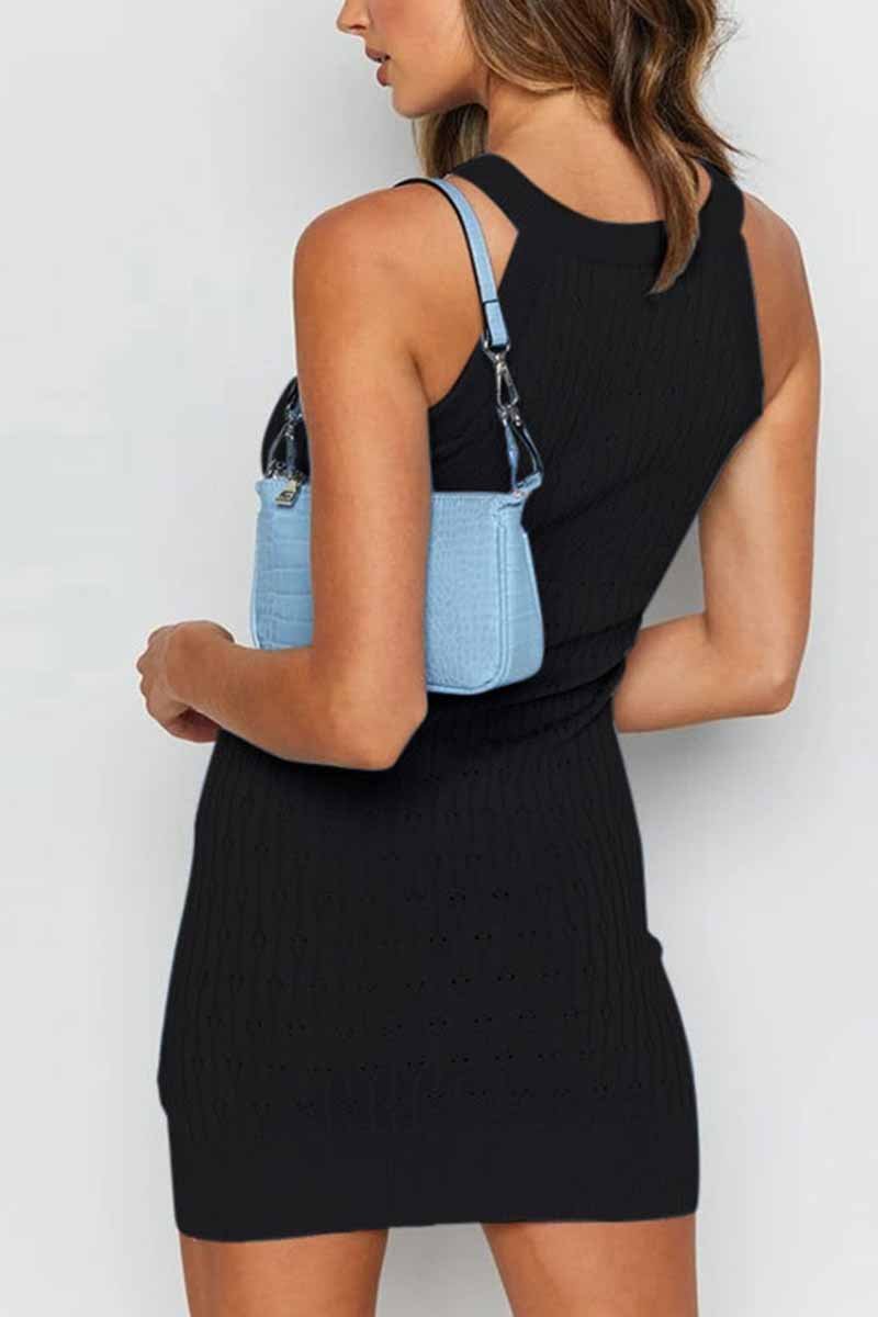 Florcoo Solid Color Sleeveless Striped Knitted Bag Hip Mini Dress(3 colors)