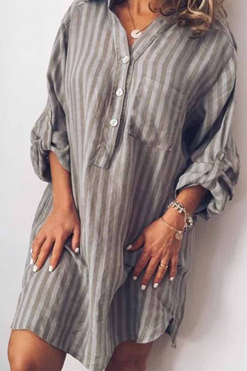 Printed Striped Long Shirt Mini Dress(6 colors)