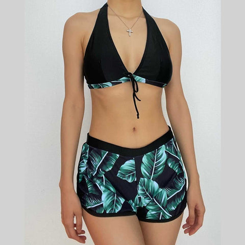 Leaf contrast v neck button halter backless 3 piece swimwear