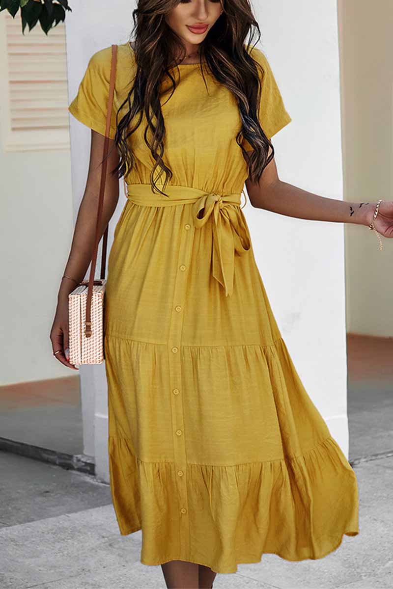 Pure Color Simple Restraint Waist Midi Dress(3 Colors)