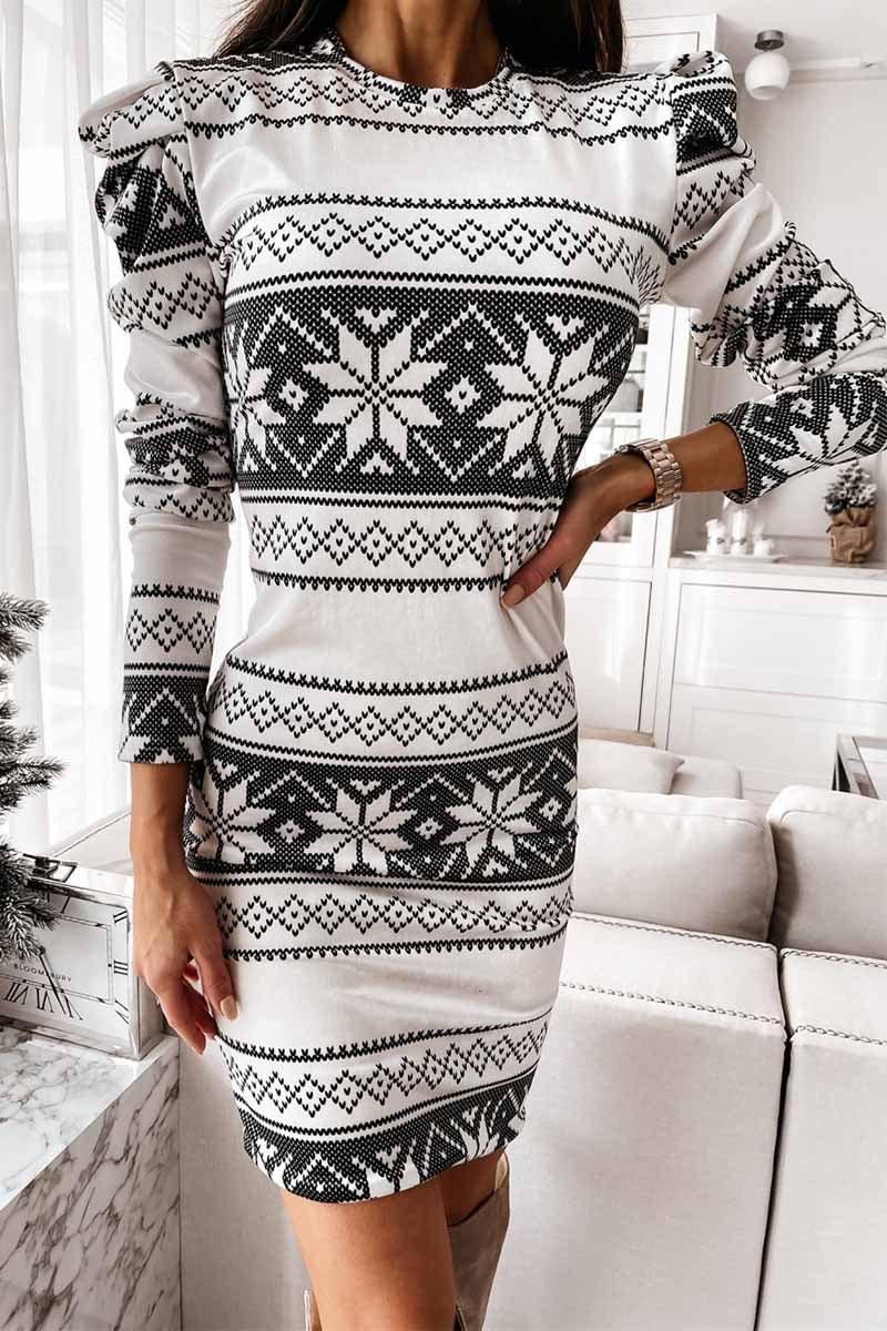 White Print Long Sleeves Mini Dress