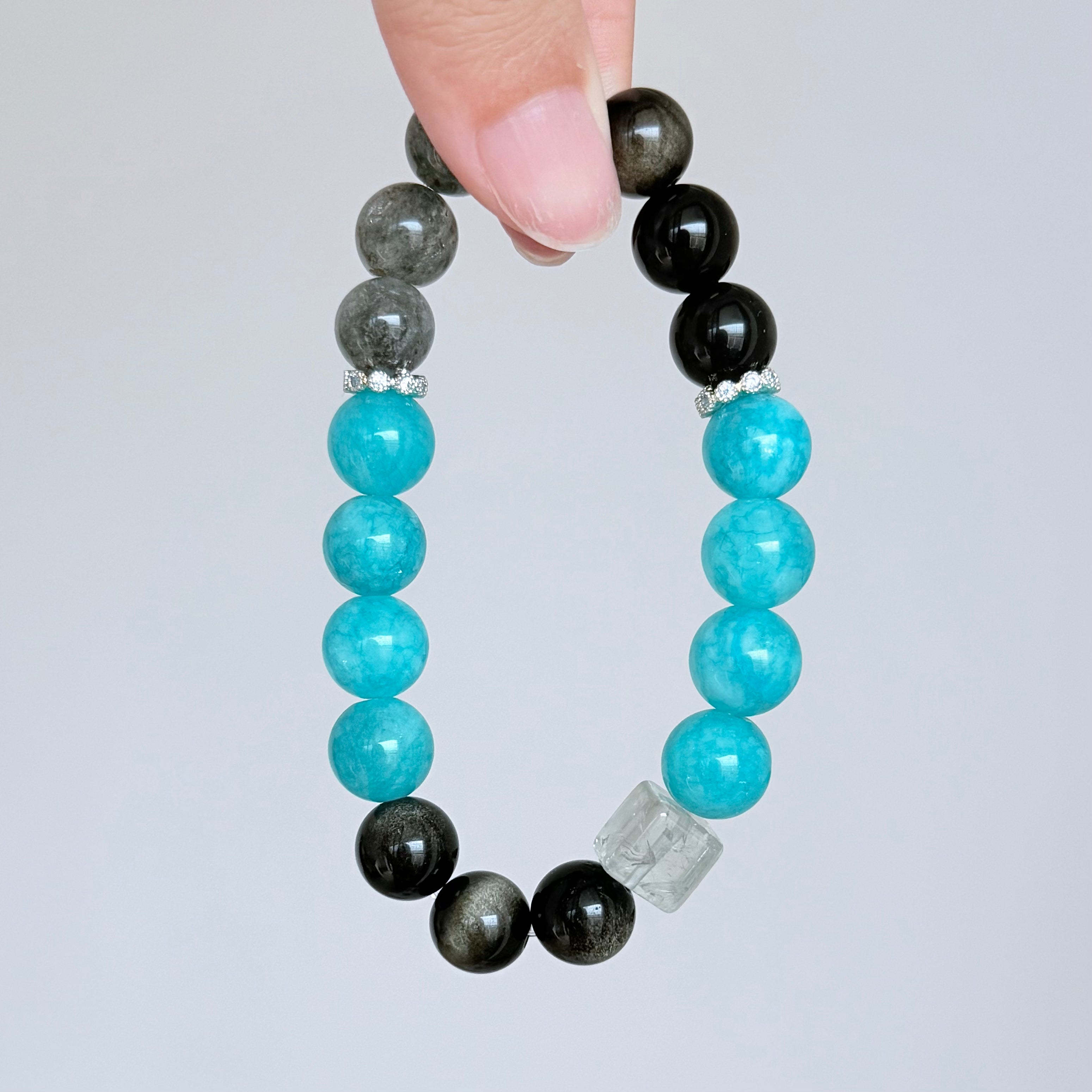 Amazonite, Labradorite & Black Obsidian Bracelet