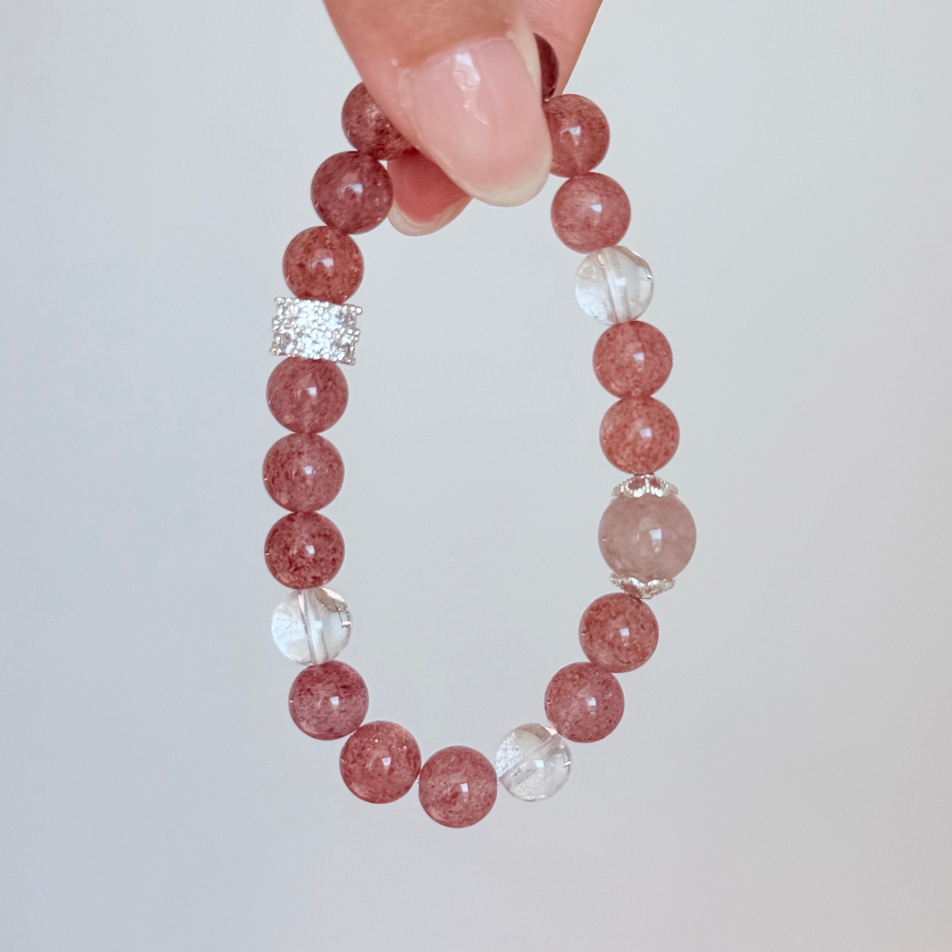 Strawberry Quartz & Clear Quartz Bracelet  Crystal Jewelry
