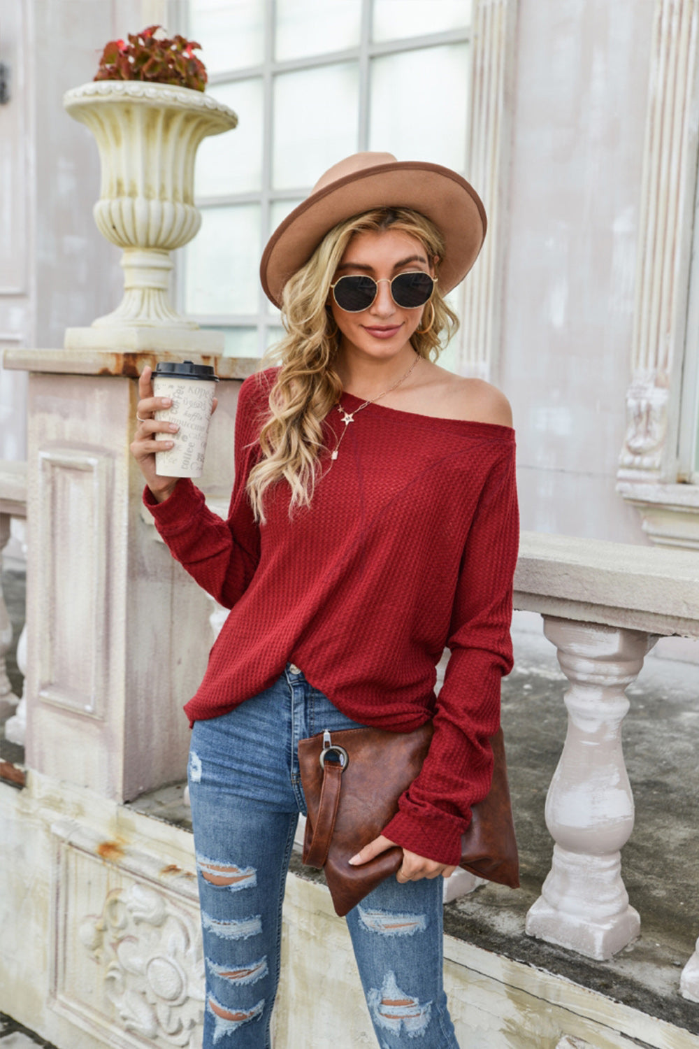 Waffle Long Sleeve One-shoulder T-shirt