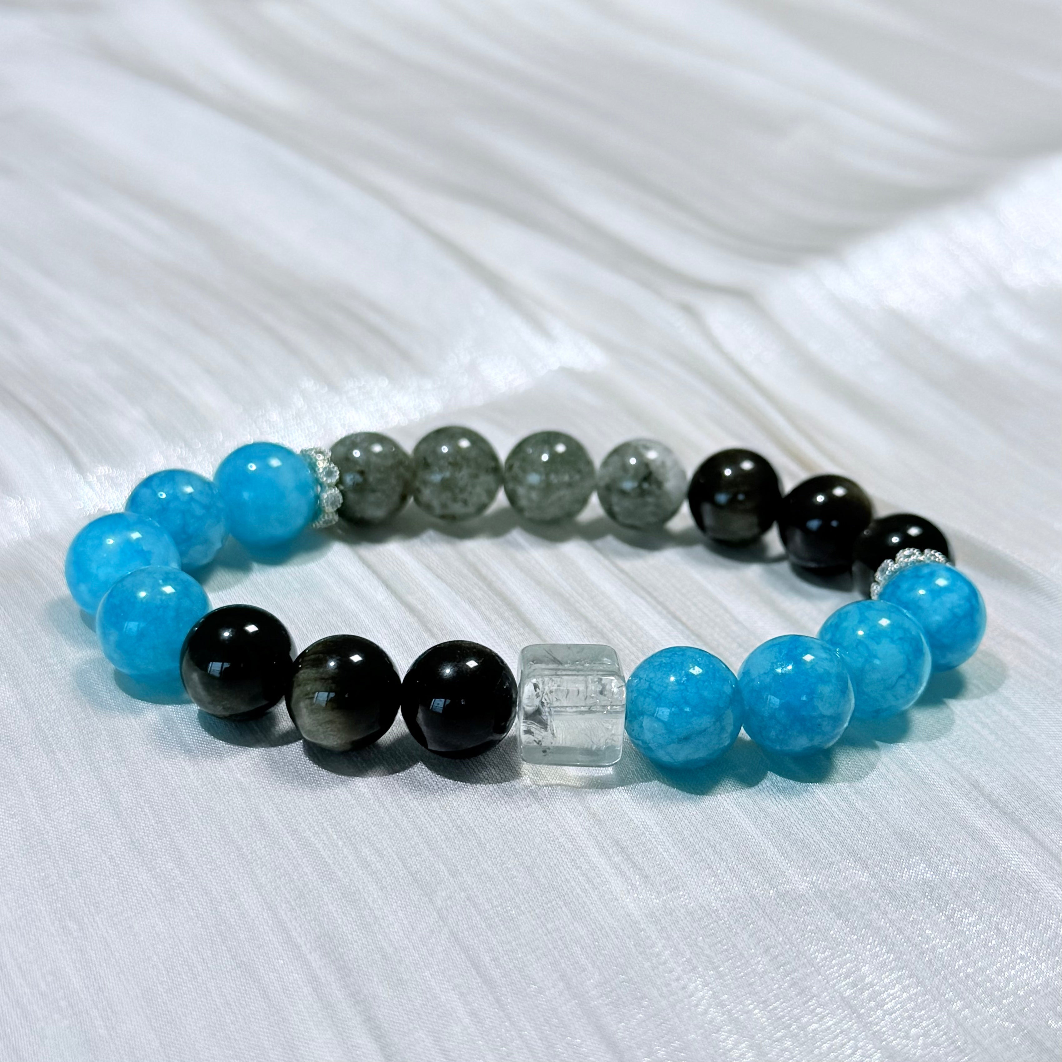 Amazonite, Labradorite & Black Obsidian Bracelet