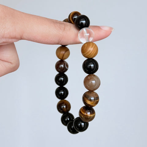 Tiger's Eye, Black Obsidian & Clear Quartz Bracelet