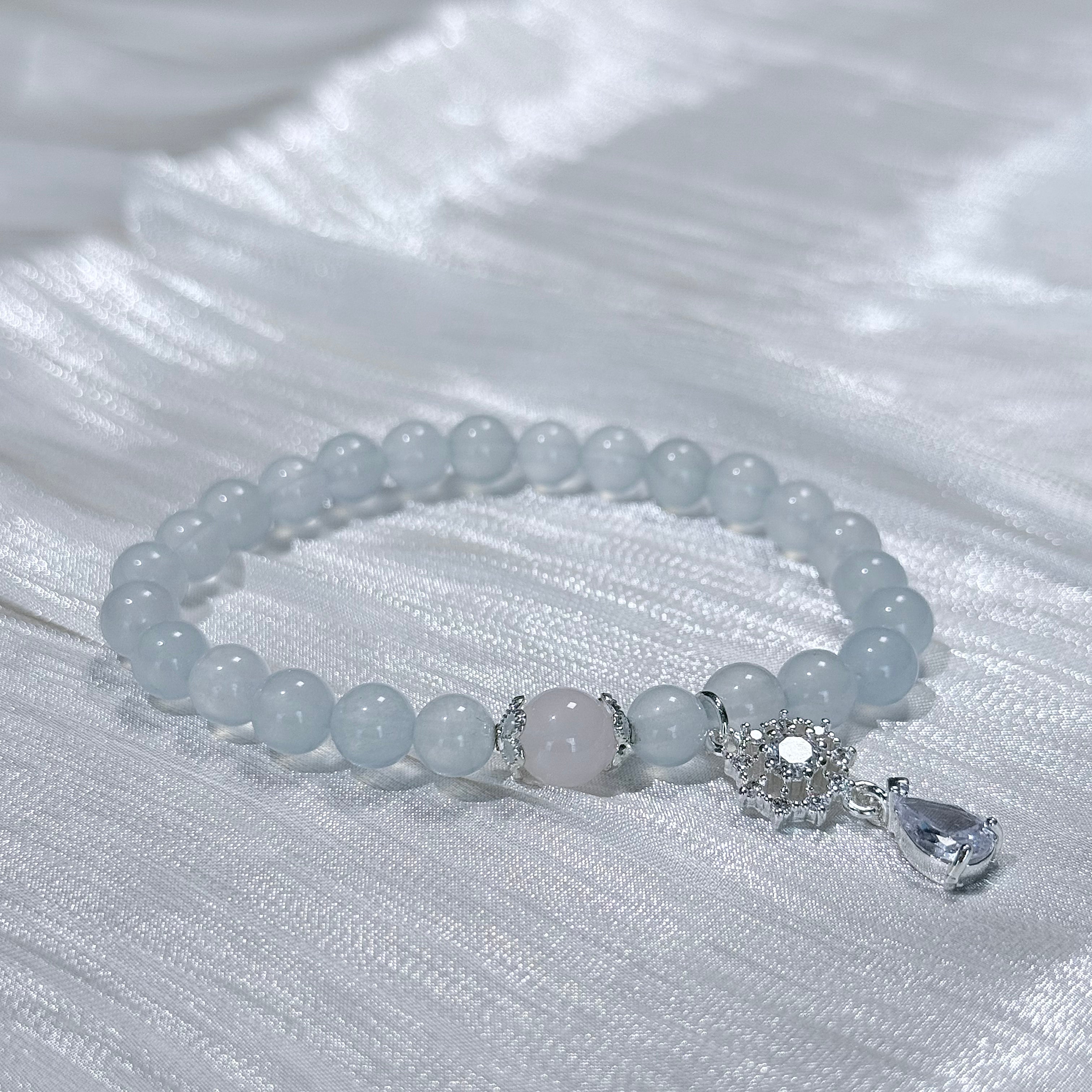 Aquamarine & Rose Quartz Crystal Bracelet with Snowflake Charm