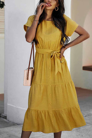 Pure Color Simple Restraint Waist Midi Dress(3 Colors)