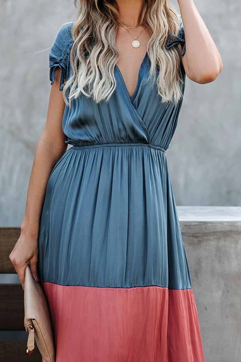 Summer Loose Multicolor Stitching V-Neck Short Sleeves Midi Dress