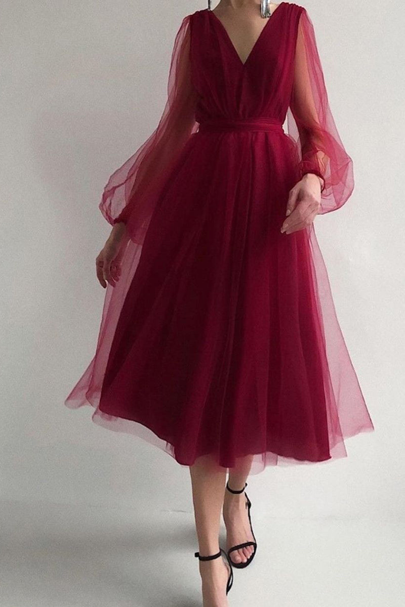 V Neck Tulle Long Sleeve Midi Dress