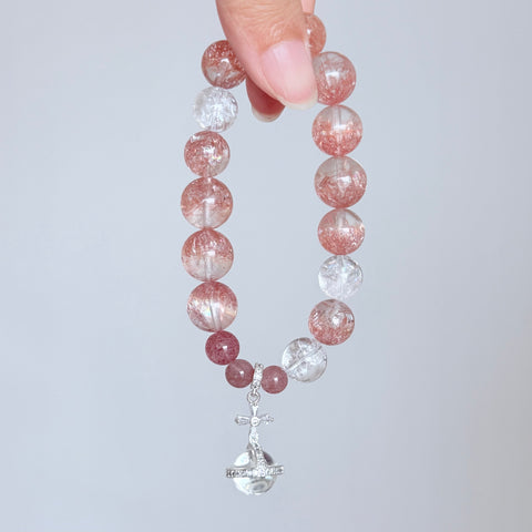 Strawberry Quartz & Clear Quartz Bracelet with Planet Charm