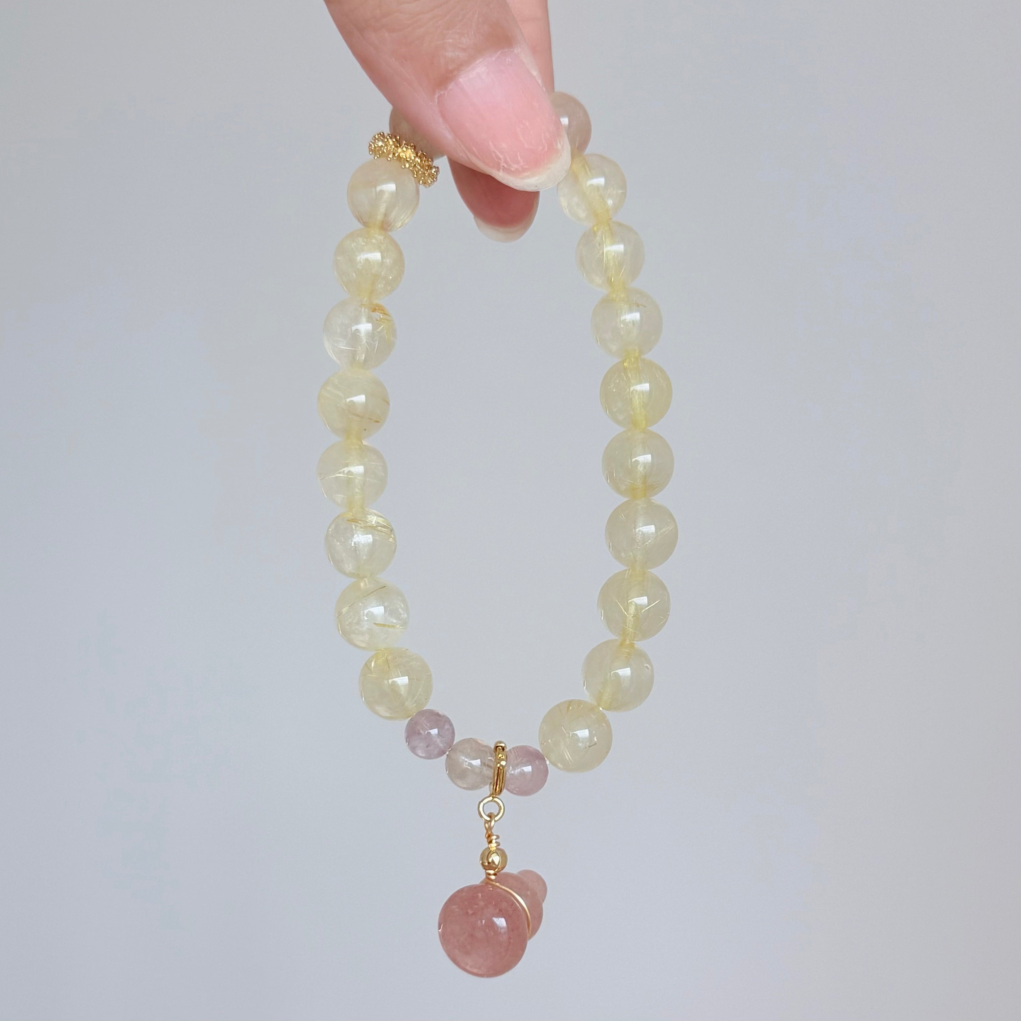 Golden Rutilated Quartz & Pink Tourmaline Pixiu Bracelet
