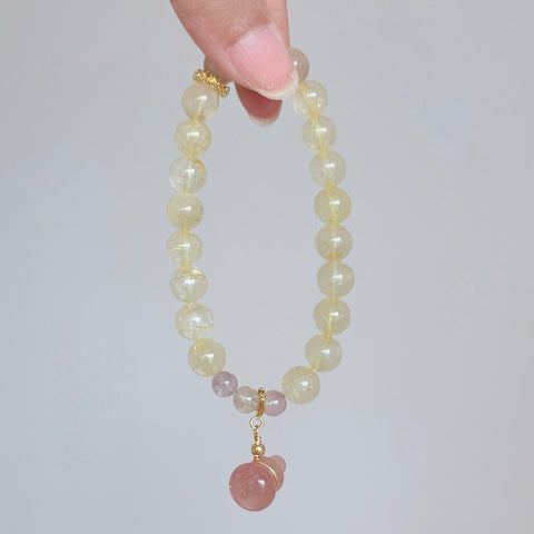 Golden Rutilated Quartz & Pink Tourmaline Pixiu Bracelet