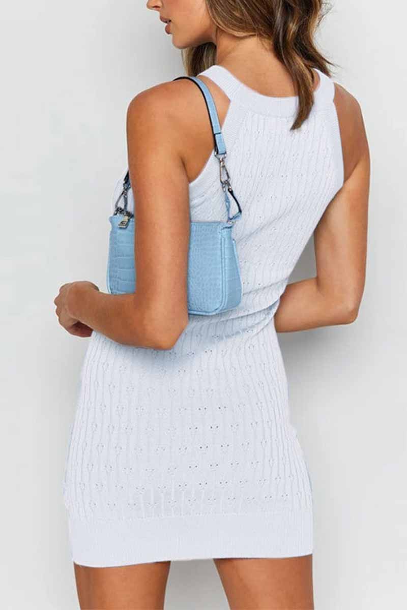 Florcoo Solid Color Sleeveless Striped Knitted Bag Hip Mini Dress(3 colors)