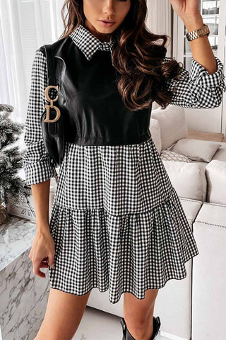 Shirt skirt and leather stitching Mini Dress