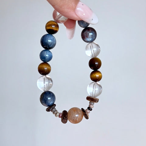 Natural Blue Kyanite, Tiger's Eye & Clear Quartz Crystal Bracelet