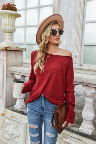 Waffle Long Sleeve One-shoulder T-shirt