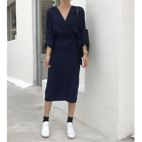 Knot V Neck Linen Dress