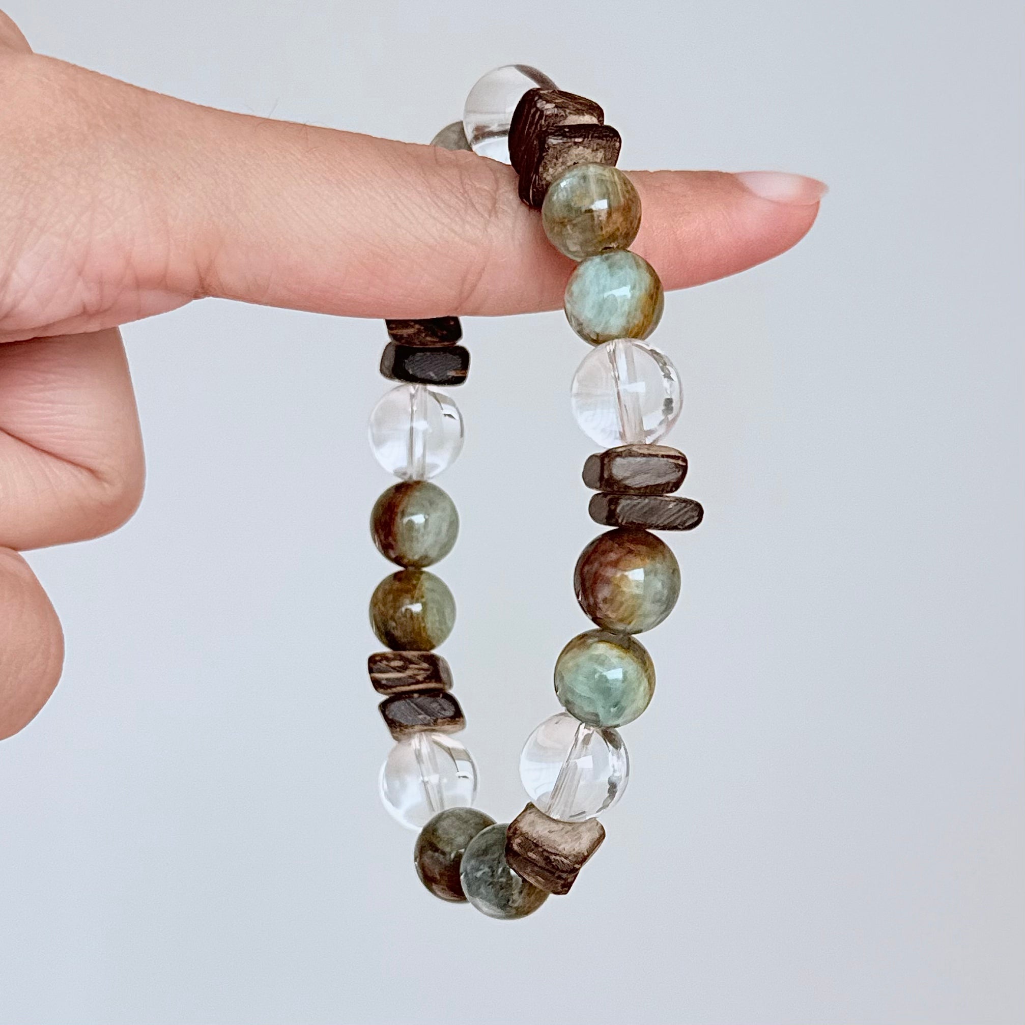 Apatite, Clear Quartz & Natural Wood Grounding Bracelet