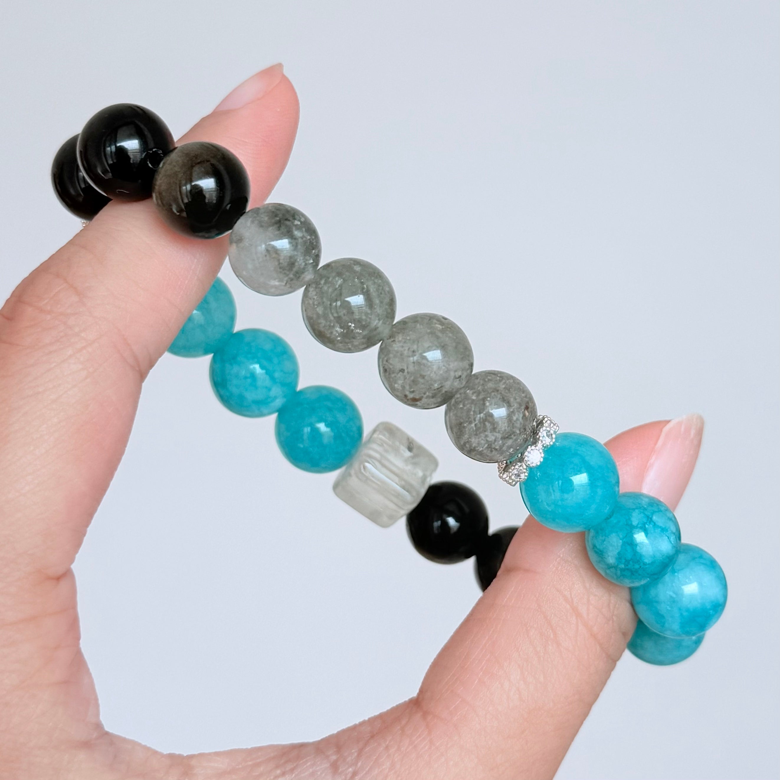 Amazonite, Labradorite & Black Obsidian Bracelet