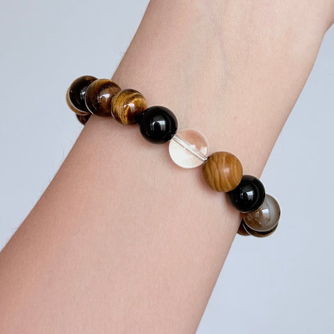 Tiger's Eye, Black Obsidian & Clear Quartz Bracelet