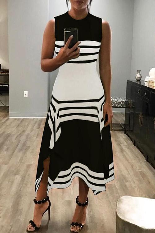 Color Block Sleeveless Midi A-line Dress