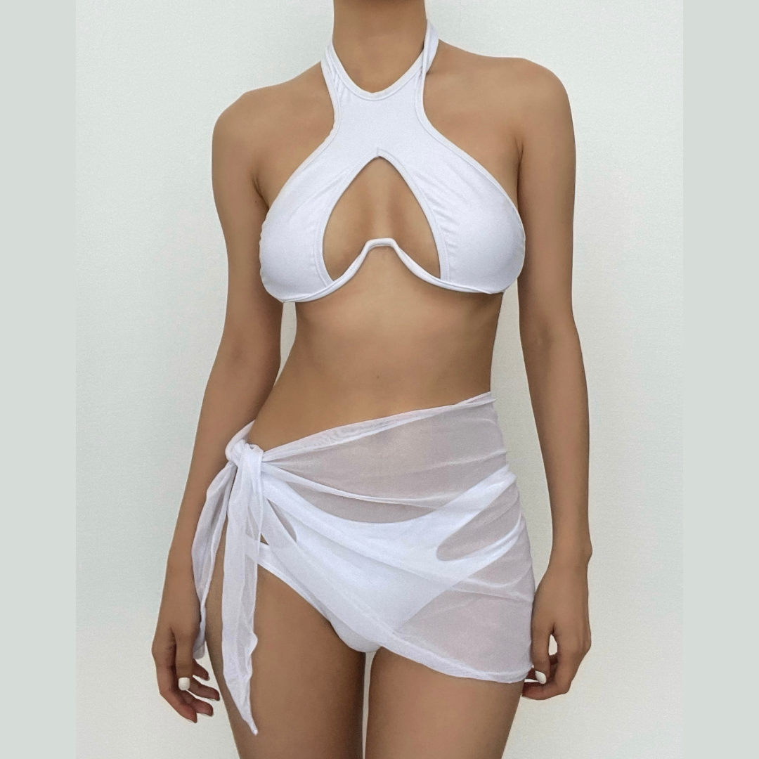 Halter solid hollow out self tie 3 piece swimwear