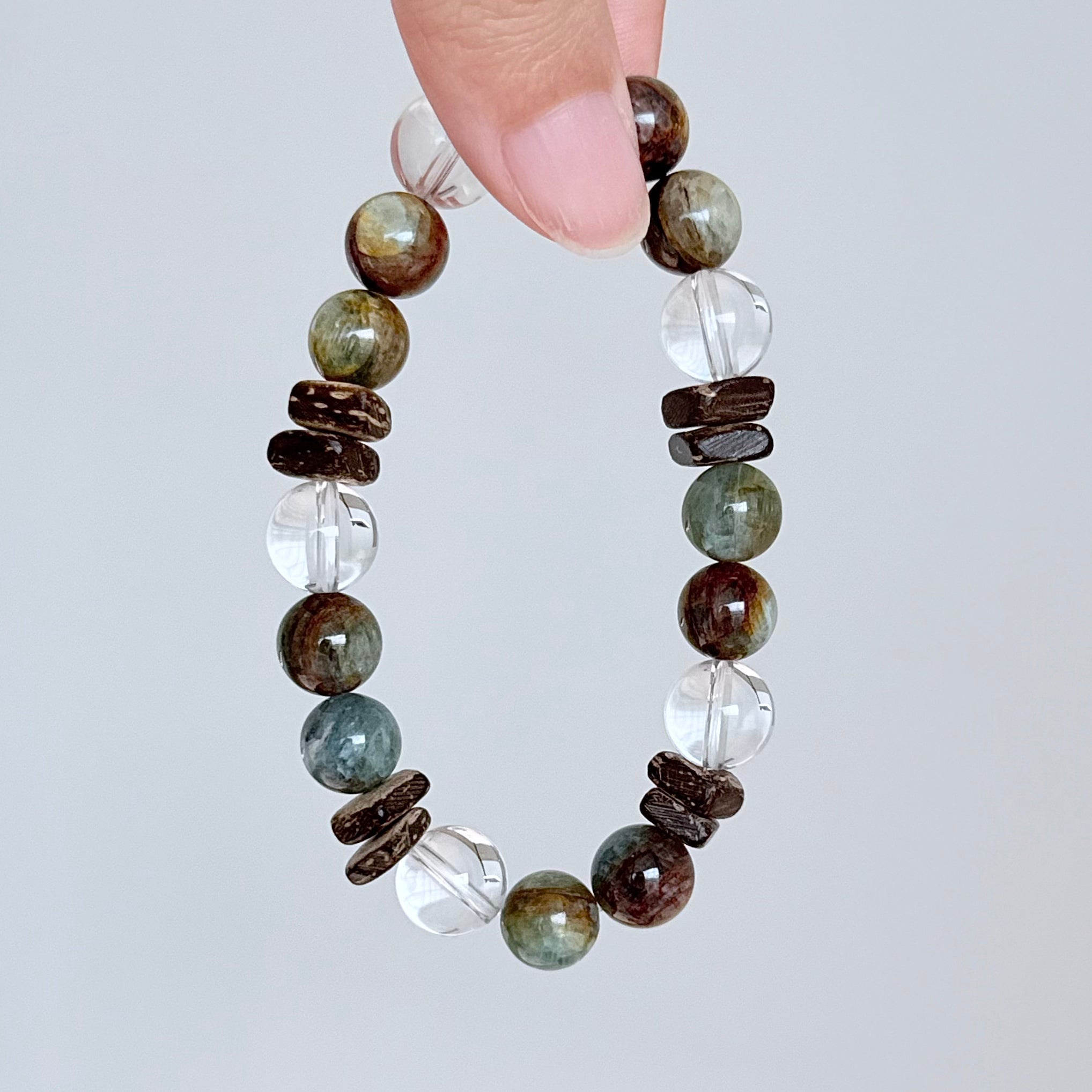 Apatite, Clear Quartz & Natural Wood Grounding Bracelet