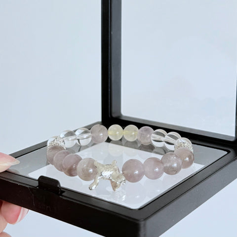 Lepidolite & Clear Quartz Bracelet with Silver Cat Charm