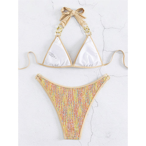 Alice Halter Shiny Sequin Metal Ring Bikini