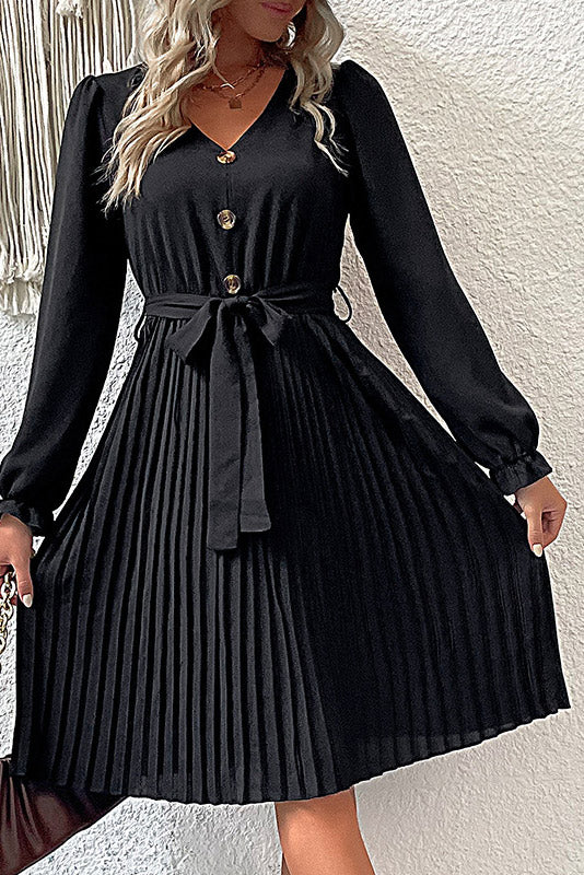 Black Knee Length Pleated Long Sleeve Dress