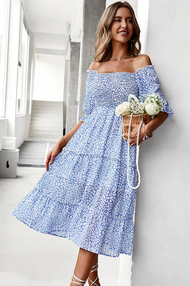 Blue Midi Off Shoulder A-Line Dress