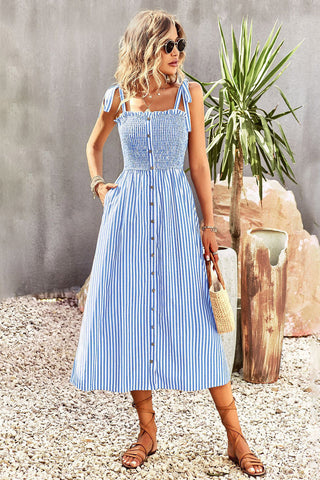 Chic A-Line Midi Blue Sleeveless Striped Dress