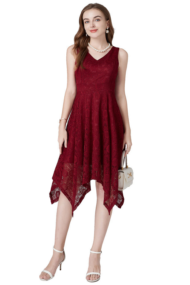 Burgundy A-Line Lace V-Neck Cocktail Party Dress