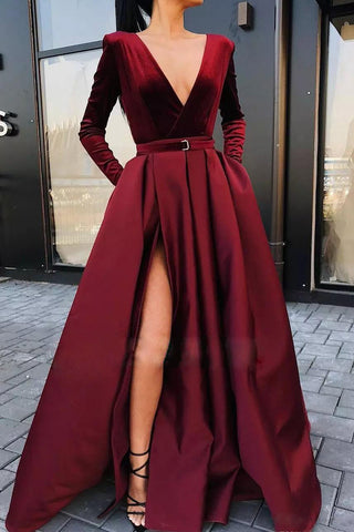 Burgundy Deep V-Neck Long Sleeve A-Line Evening Prom Dresses