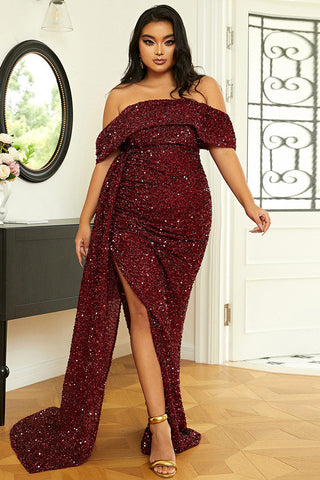 Plus Size Burgundy Off Shoulder Formal Gown Prom Dress