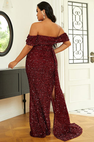 Plus Size Burgundy Off Shoulder Formal Gown Prom Dress