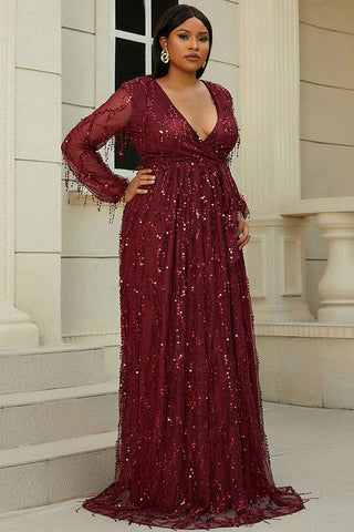 Burgundy Plunging Long Sleeve Plus Size Prom Dress Evening Gown – ARSAO