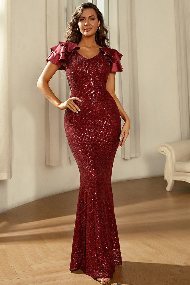 Burgundy Sequin Cap Sleeve Mermaid Formal Evening Dress