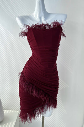 Burgundy Strapless Feather Mini Party Cocktail Dress