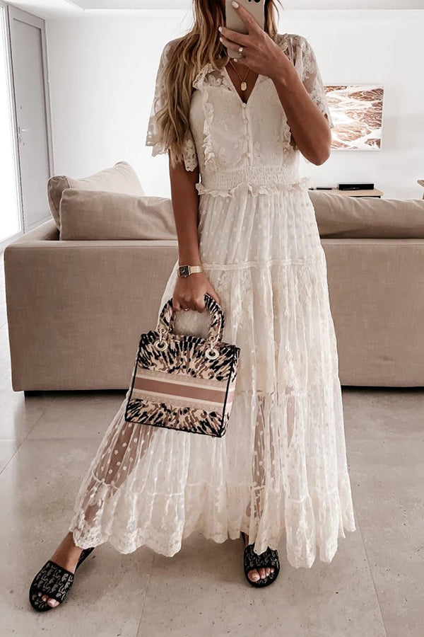 Button Lace V Neck Short Sleeve Maxi Dress