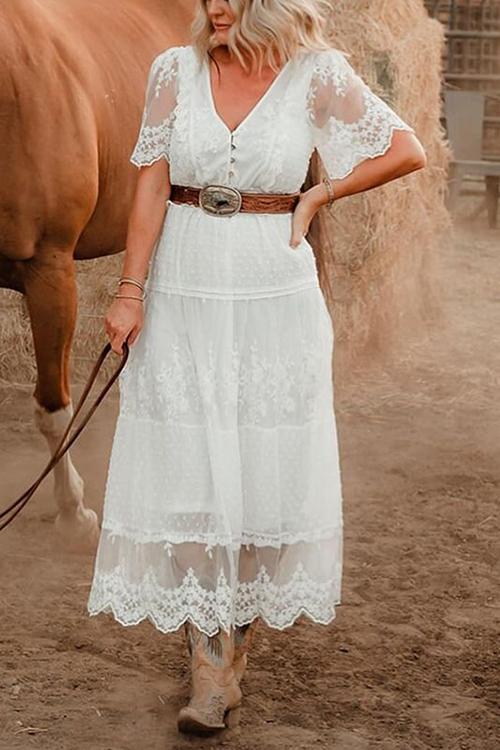 Button Lace V Neck Short Sleeve Maxi Dress