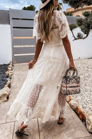 Button Lace V Neck Short Sleeve Maxi Dress