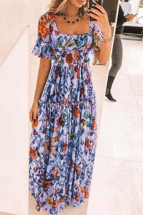 Floral Square Neck Short Sleeve Maxi Dress