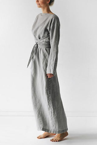 Linen Tie Belt Long Sleeve Maxi Dress