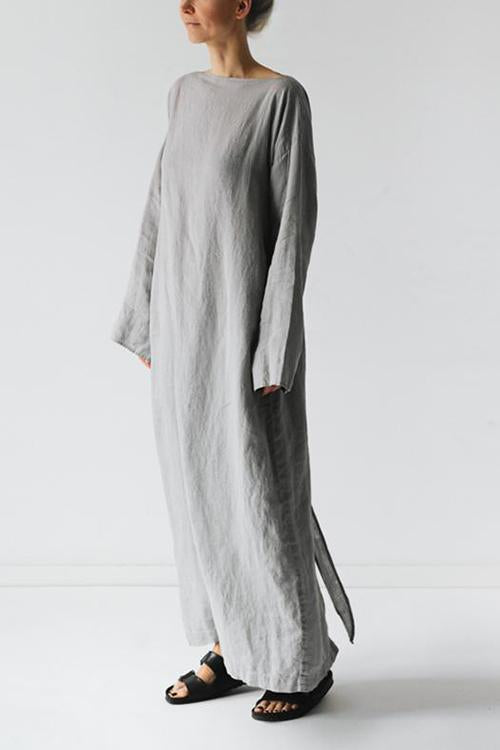 Linen Tie Belt Long Sleeve Maxi Dress