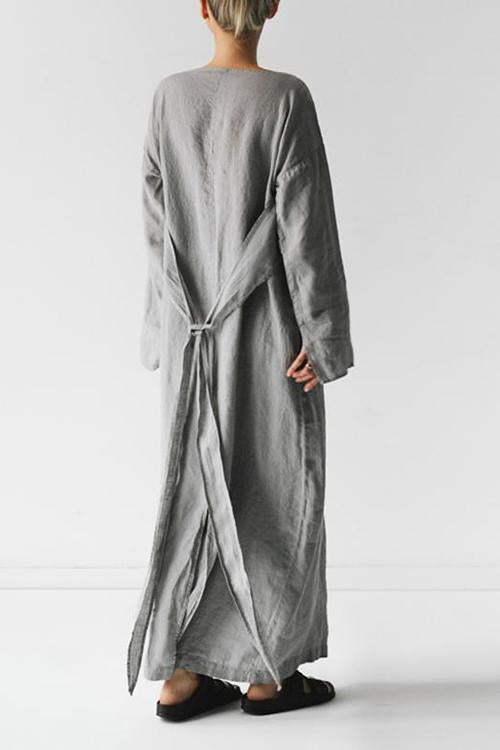 Linen Tie Belt Long Sleeve Maxi Dress