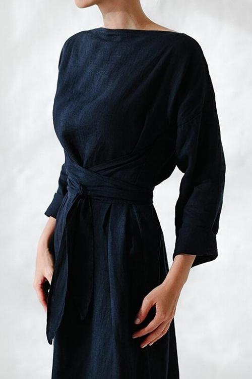 Linen Tie Belt Long Sleeve Maxi Dress