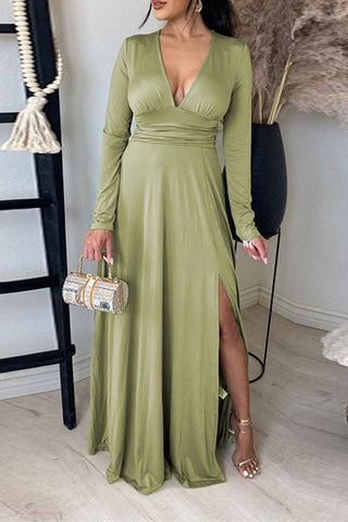 V Neck Long Sleece Slit Maxi Dress