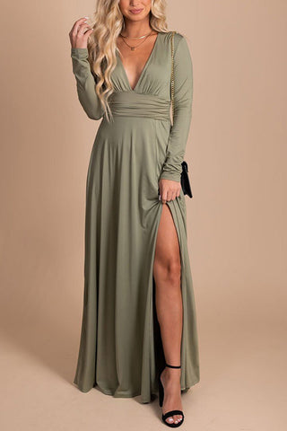 V Neck Long Sleece Slit Maxi Dress